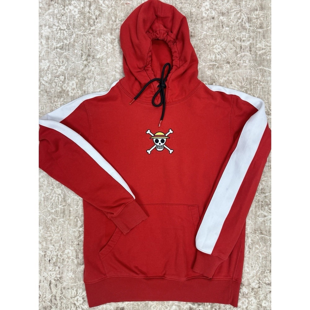 One Piece Graphic Hoodie Mens Red Skull Crossbones Anime Sweatshirt Grunge M